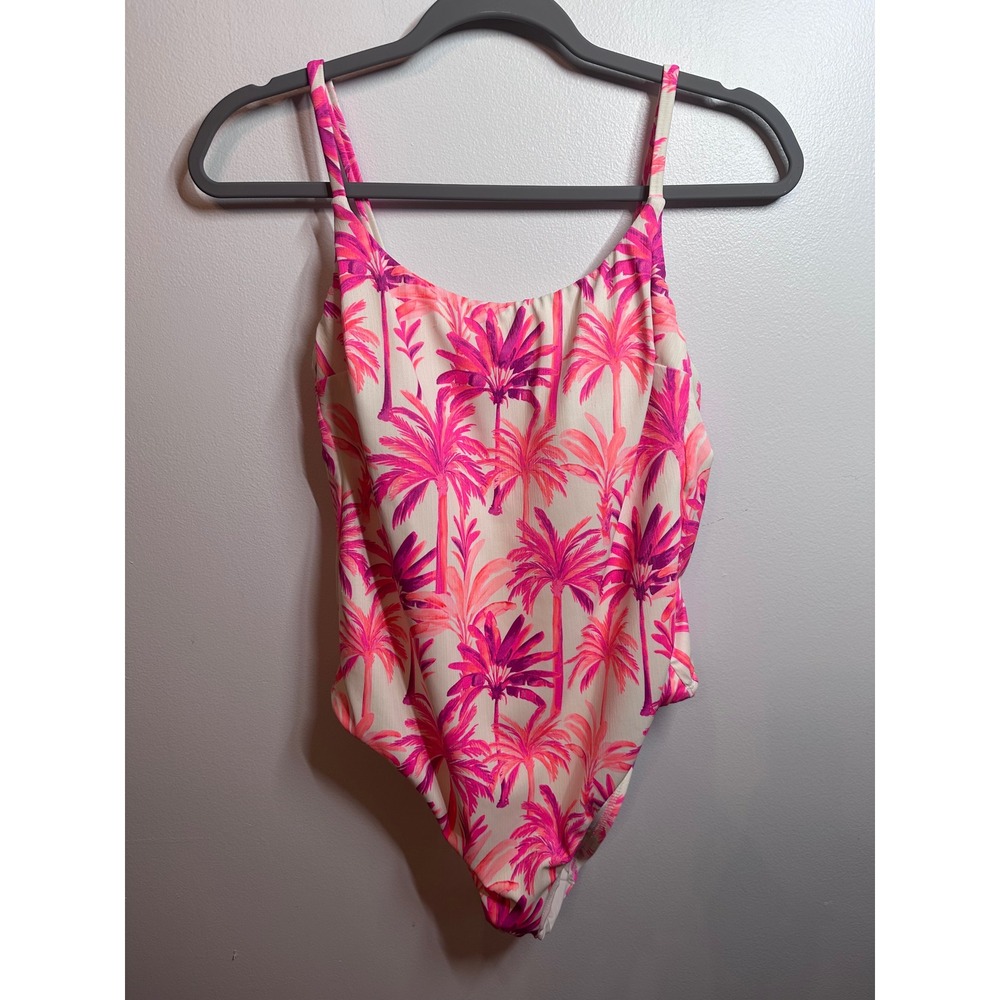 Shade & Shore Pink Tropical Palm Tree One Piece Swimsuit Large 12-14 Scoop Neck